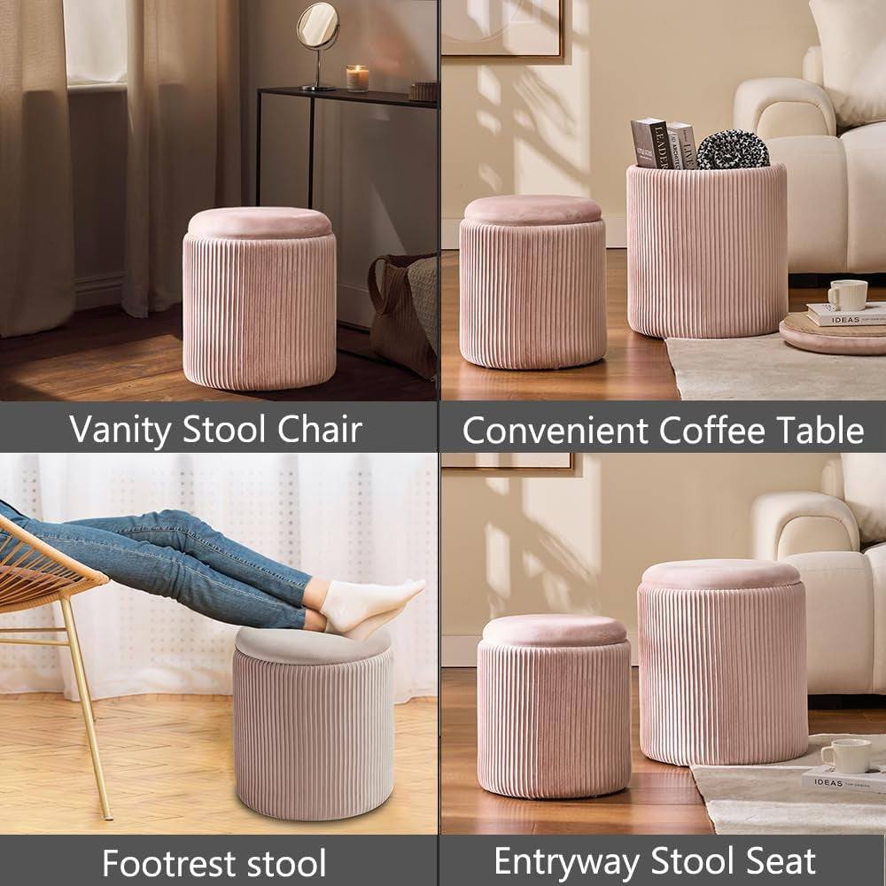 Four-panel collage showing the ottoman set used as a vanity stool, footrest, coffee table, and entryway seat.
