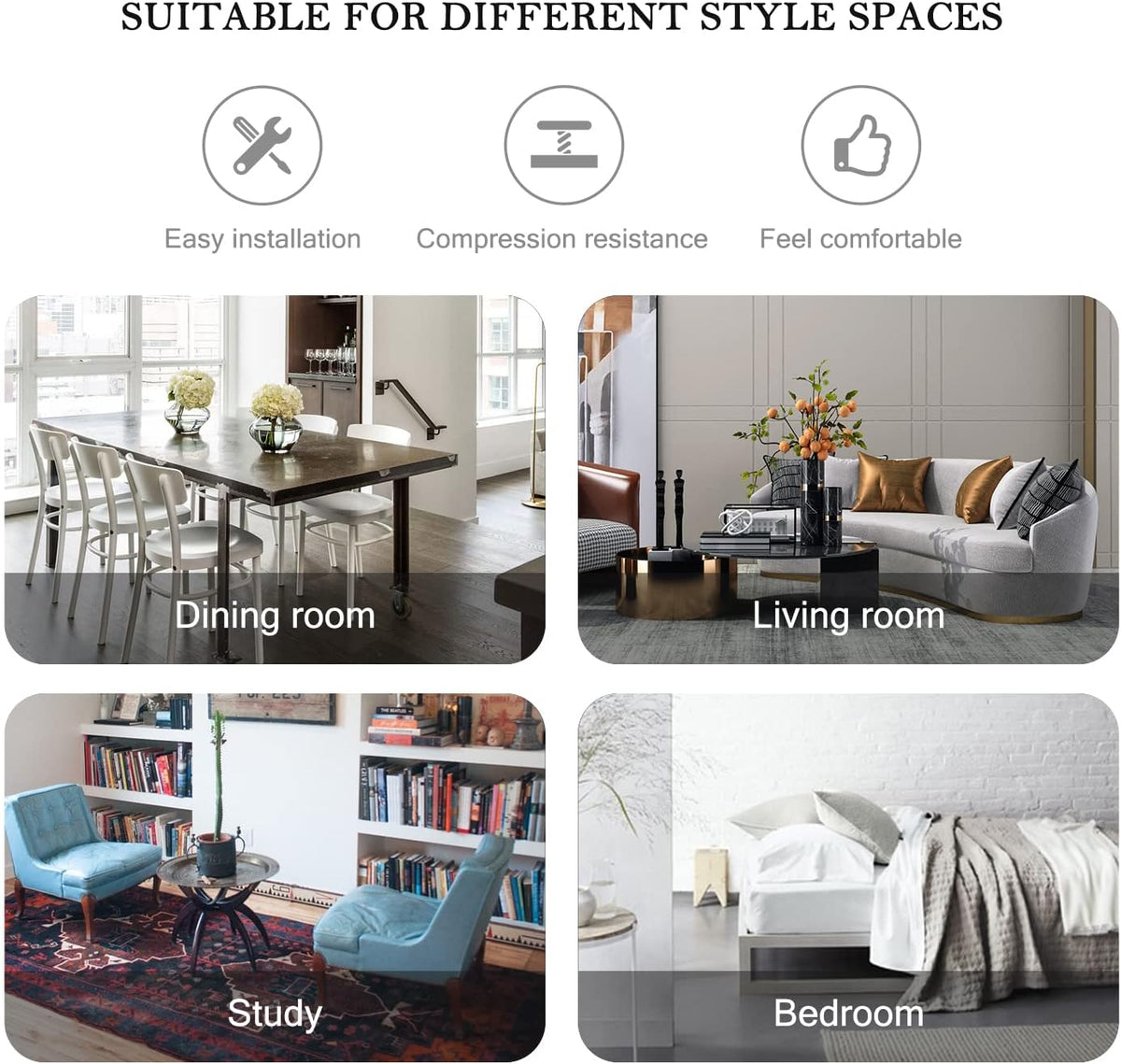 Collage graphic showing dining, living, study and bedroom settings labeled as suitable spaces for the chairs.