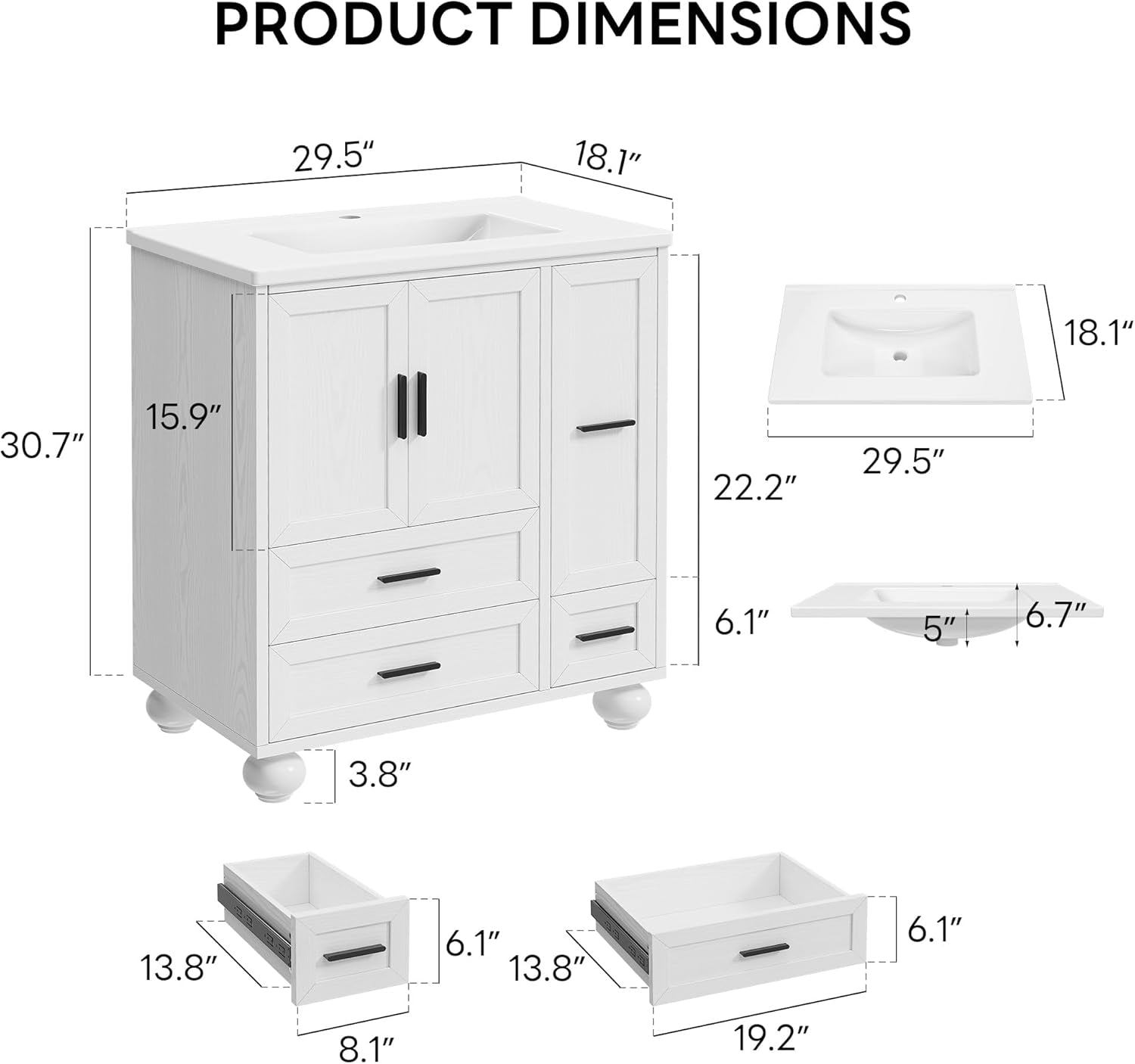 Diagram showing product dimensions and drawer measurements for a 29.5-inch white bathroom vanity
