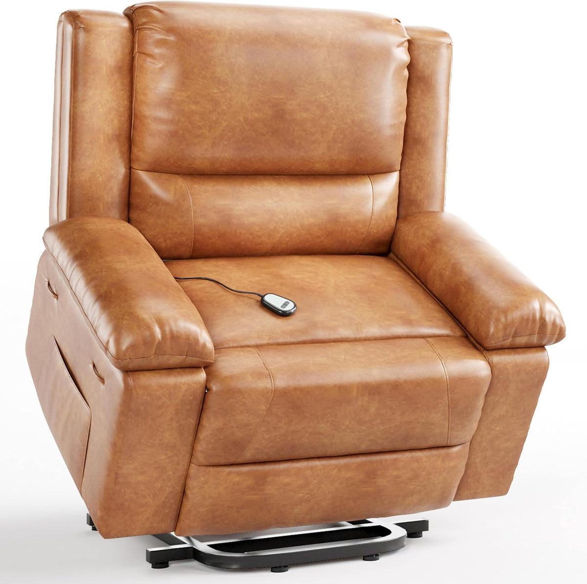 Cognac-colored recliner on a white background with the wired remote placed on the seat.