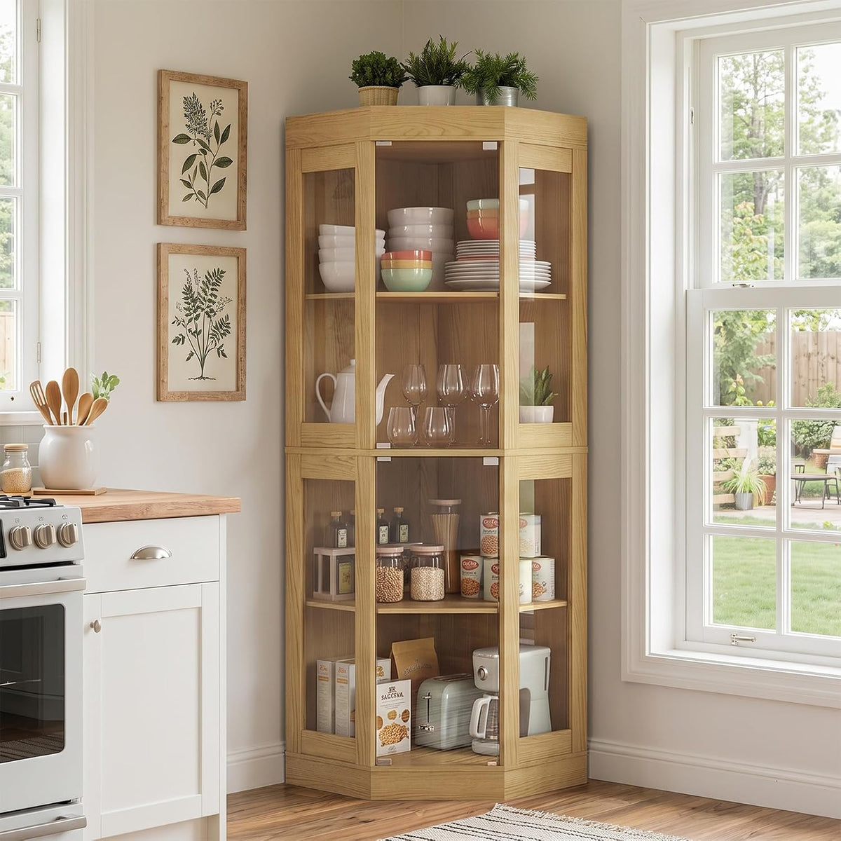 Corner view of a tall light-wood framed-glass storage cabinet in a kitchen beside a window, filled with dishes and pantry
