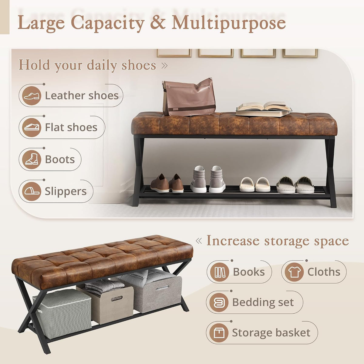 Front view of bench with lower shoe rack holding multiple pairs of shoes and storage boxes underneath