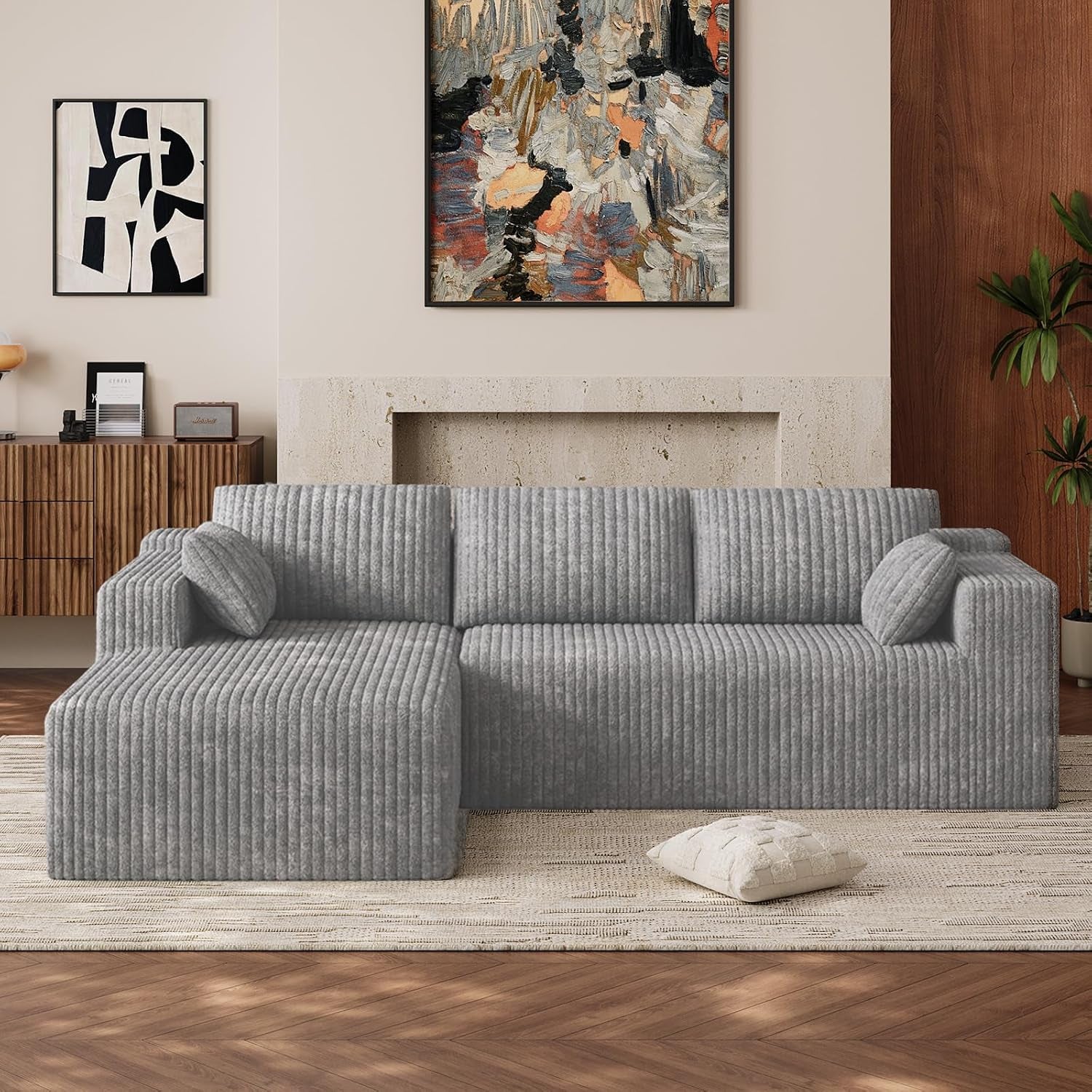 ONEMMLION 96" L-Shaped Cloud Boneless Couch Sofa with Chaise, Beige White | Corduroy Comfy Fluffy Modular Deep Seat Memory Foam Compressed Sectional Sofa for Living Room Oversized Left Facing Chaise