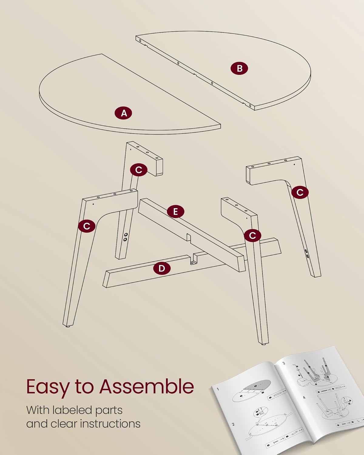 Exploded parts illustration showing two top panels, four legs and cross braces with labeled assembly parts