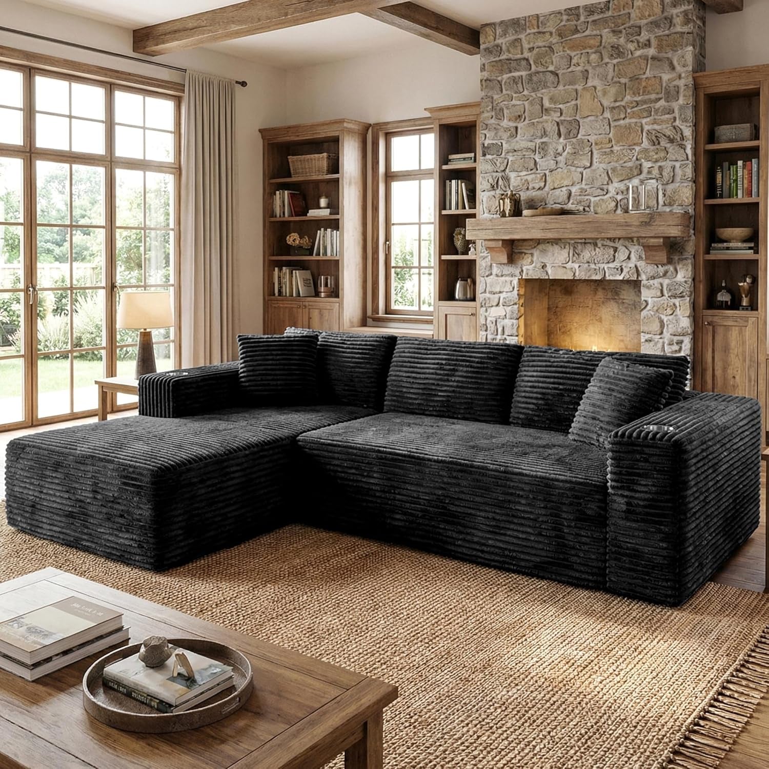 Black ribbed L-shaped sectional with a left chaise in front of a stone fireplace.