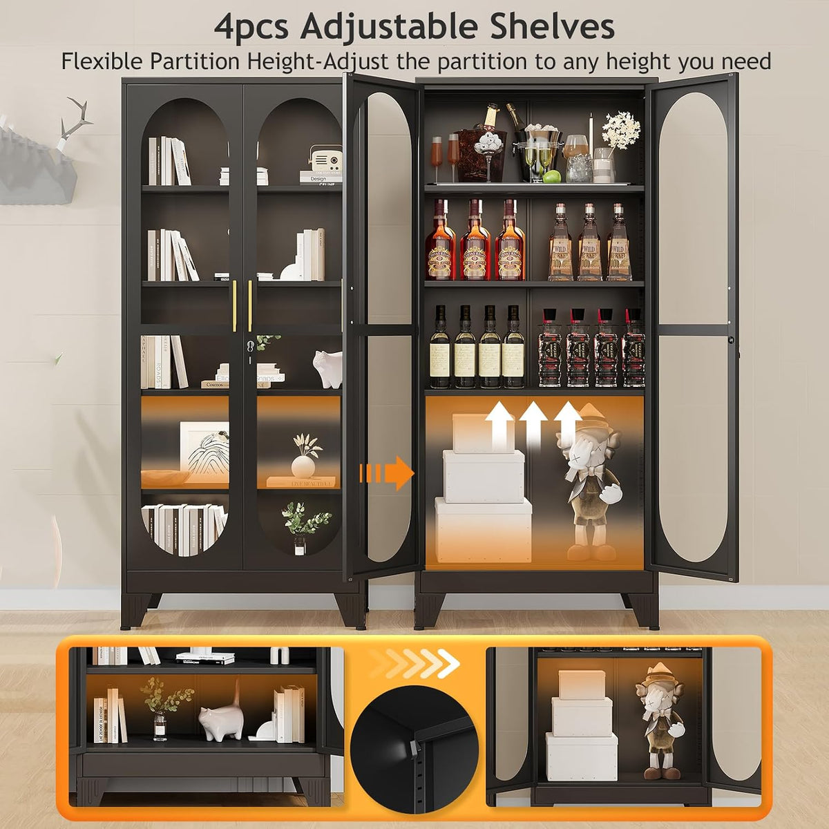 Open black display cabinet showing four adjustable shelves with illustration of flexible partition height