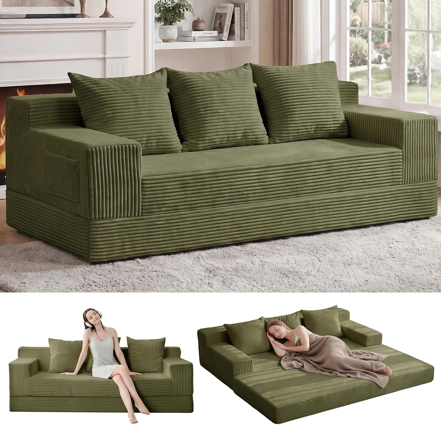 Olive-green corduroy three-seat folding sofa in a living room, with two inset photos showing seated and fully folded-out bed