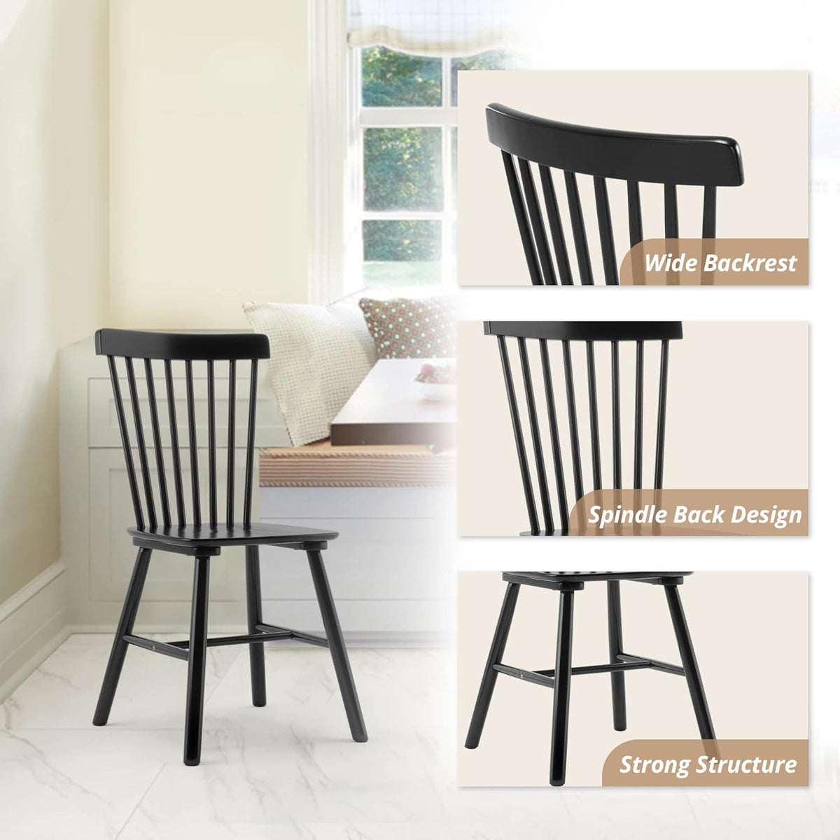 Close-up of a black wooden chair seat and spindle back highlighting smooth finish and natural hardwood texture.