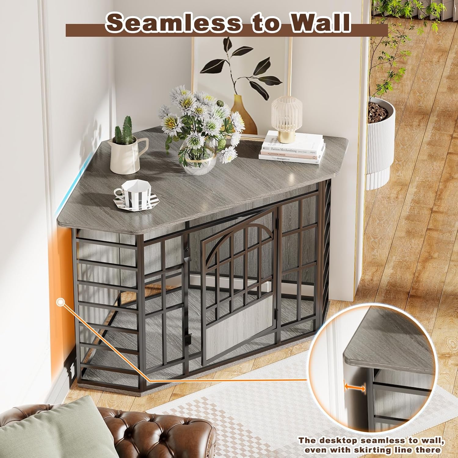 Gray corner dog crate placed flush against walls, styled with books, vase of flowers, and a lamp on top.
