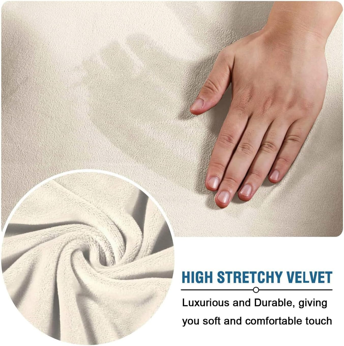 Hand pressing soft beige velvet fabric with circular inset showing twisted fabric texture.