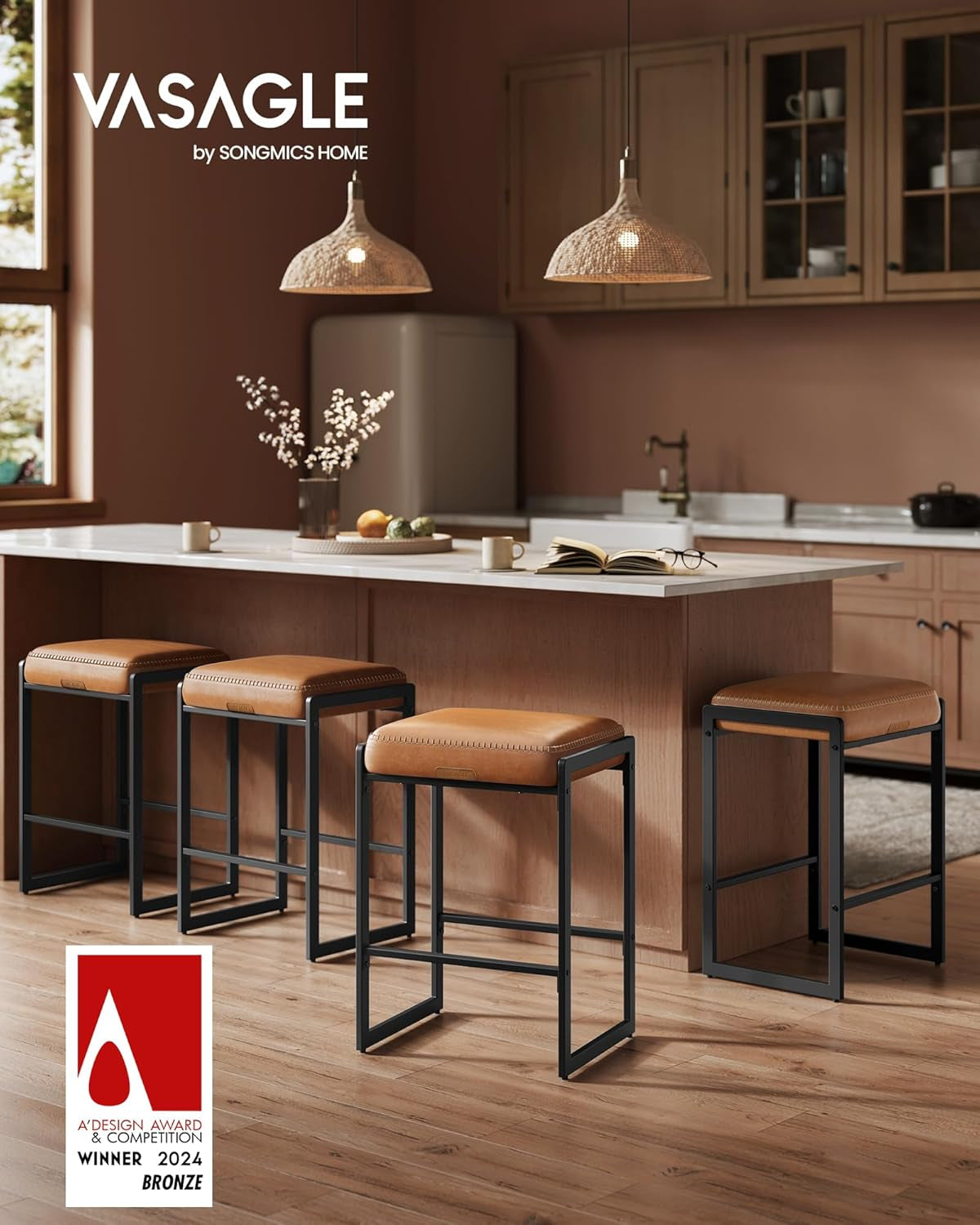 Four caramel-cushioned counter stools with black frames arranged along a kitchen island