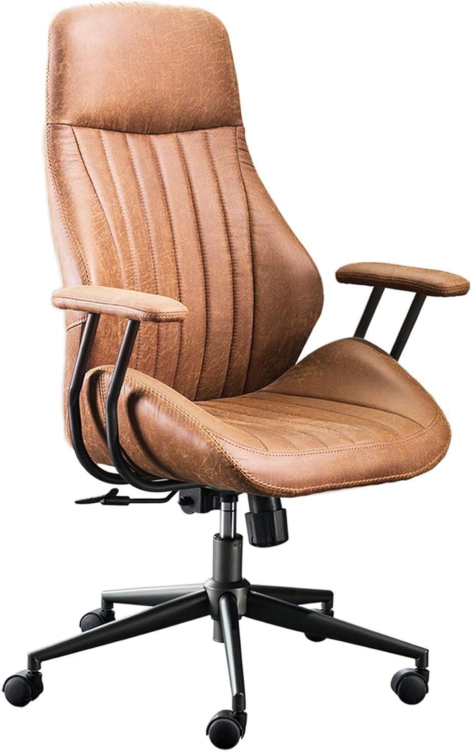 Brown high-back executive office chair on a white background showing curved seat, padded arms and five-wheel base