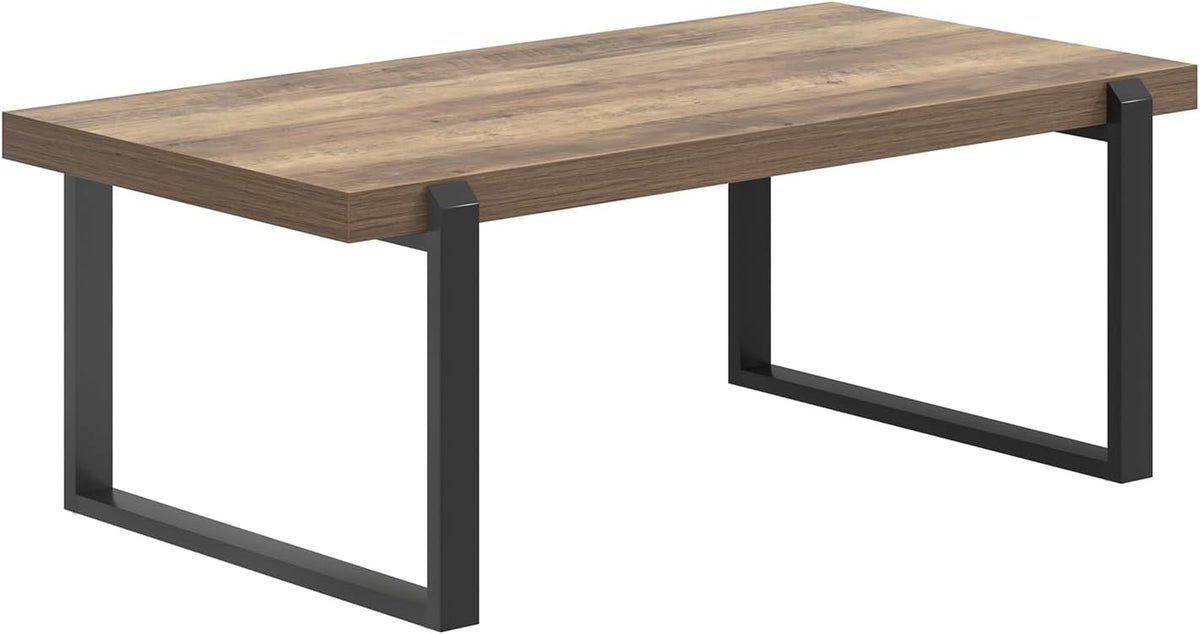 Isolated low-angle view emphasizing the metal U-legs and how they attach beneath the wood-grain tabletop.