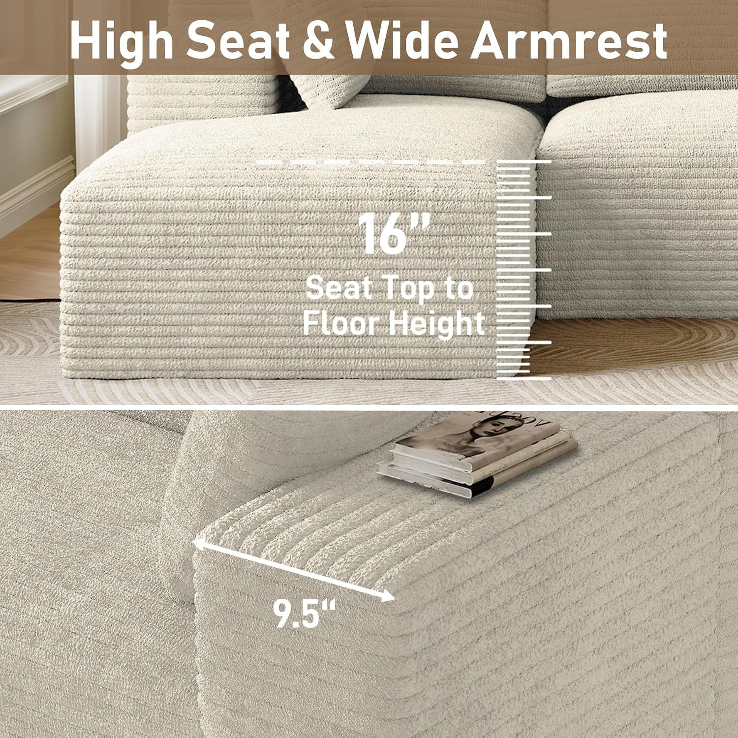 Close-up of the sectional's wide corduroy-style armrest and seat edge highlighting fabric texture and proportions.