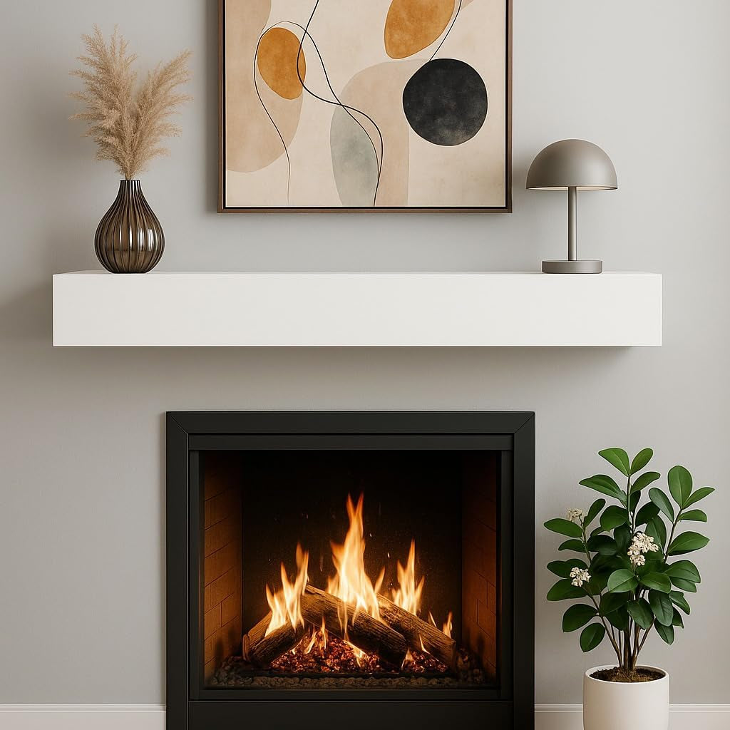 White floating mantel mounted on a neutral wall above a lit fireplace with decor