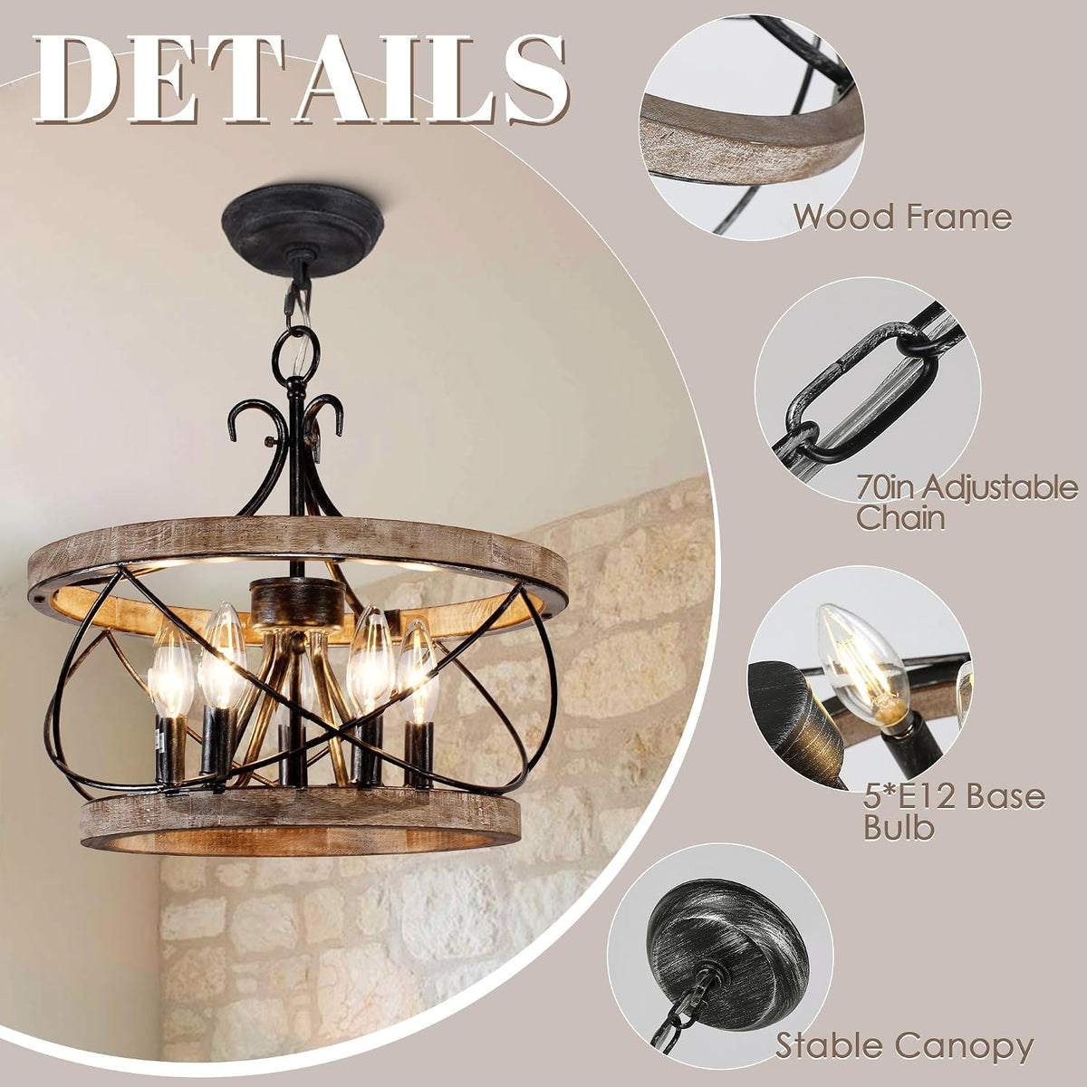 20" Wood Farmhouse Chandelier for Dining Room