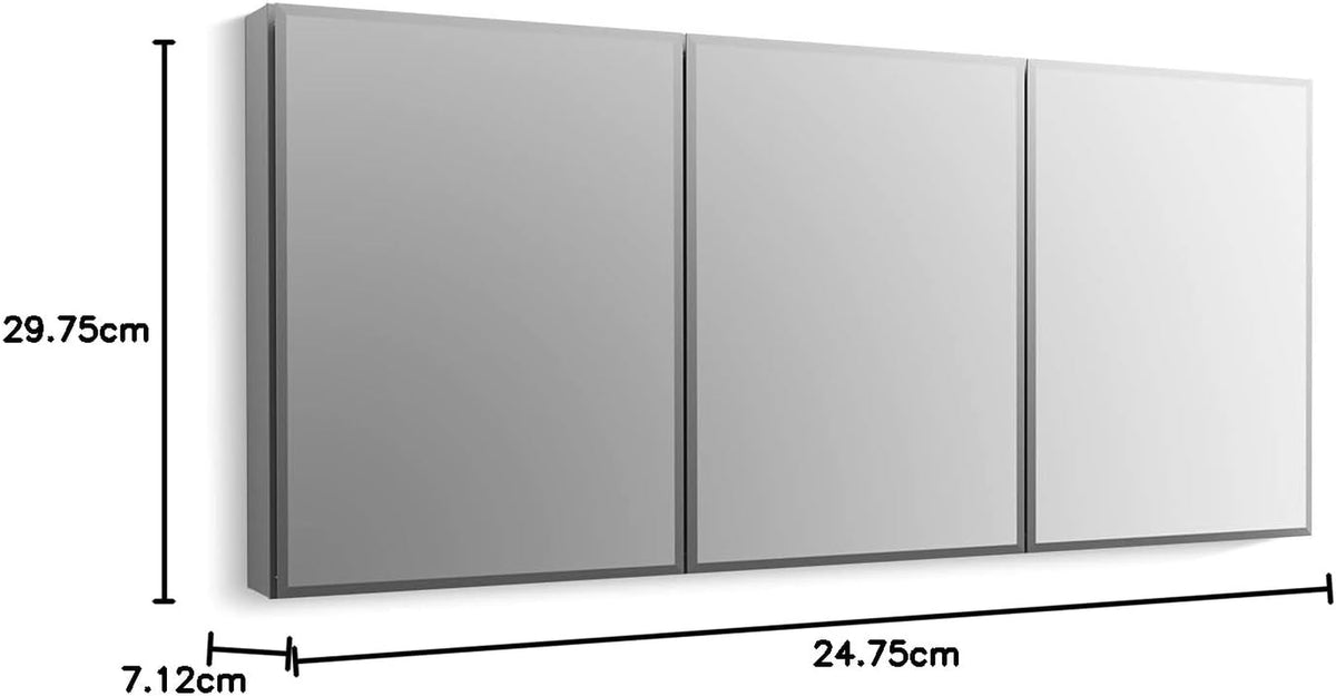 Illustration of three mirrored cabinets with dimensional markings in centimeters showing height and depth.