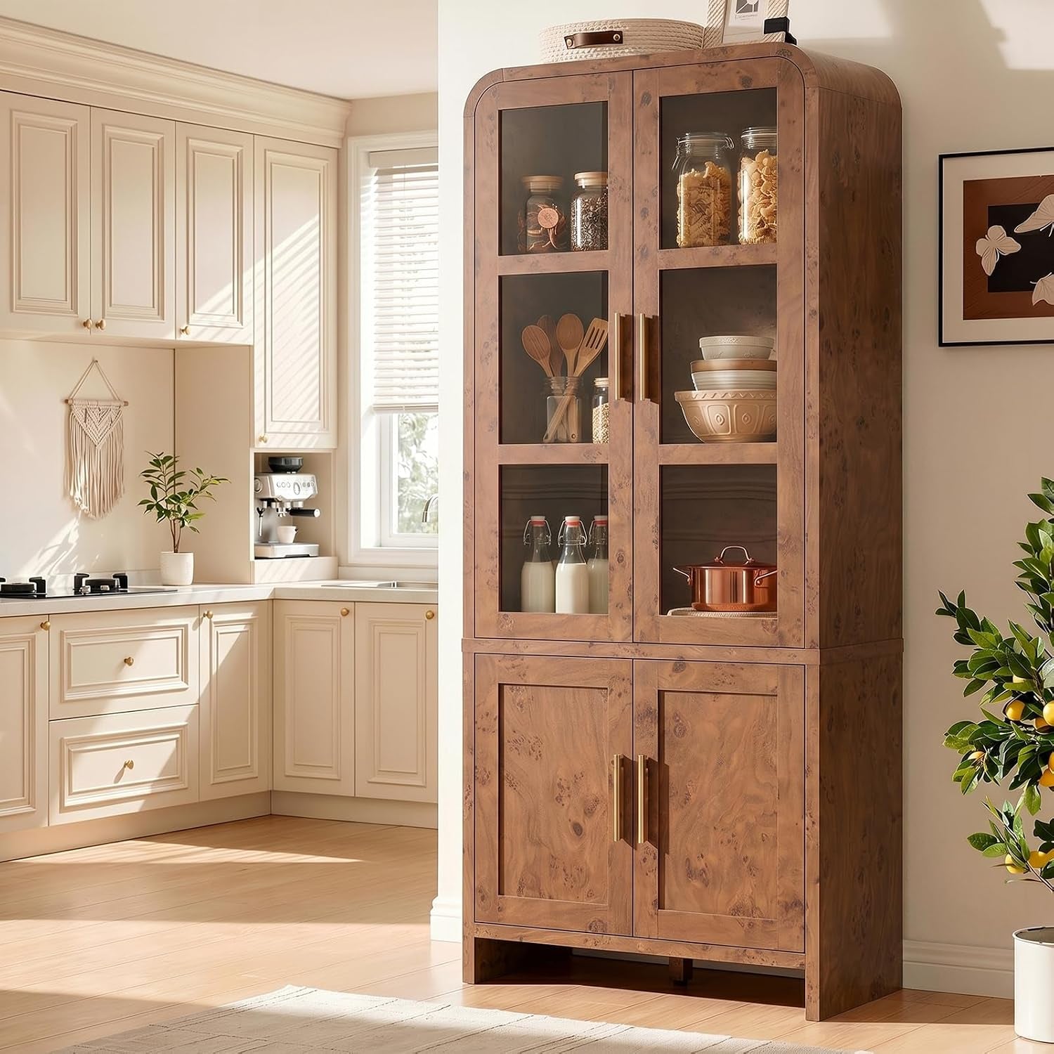 Tall pantry with glass upper doors and closed lower cabinets standing against a wall in a sunlit kitchen