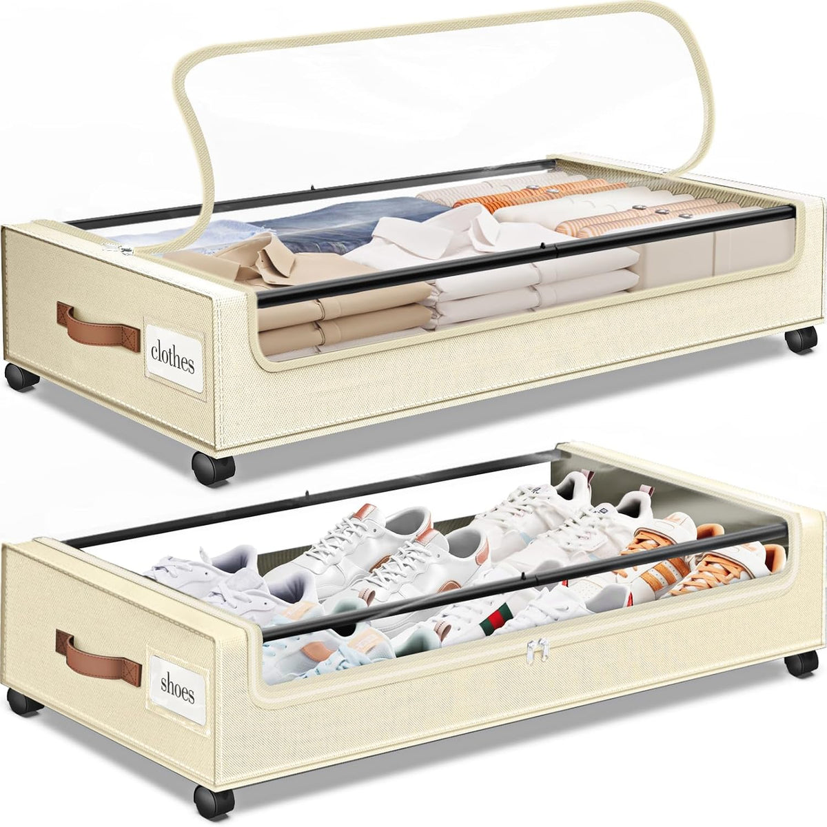 Beige underbed storage box shown with clear top open and shoes visible in the lower compartment.