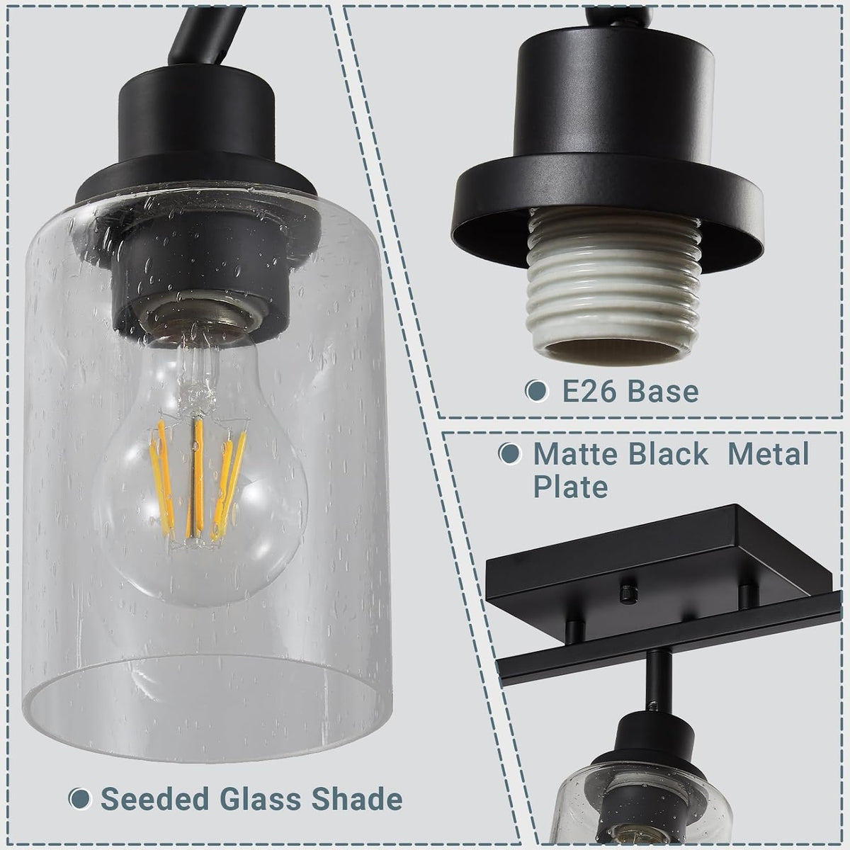 Collage of closeups showing a seeded glass shade, an E26 socket, and a matte black mounting plate