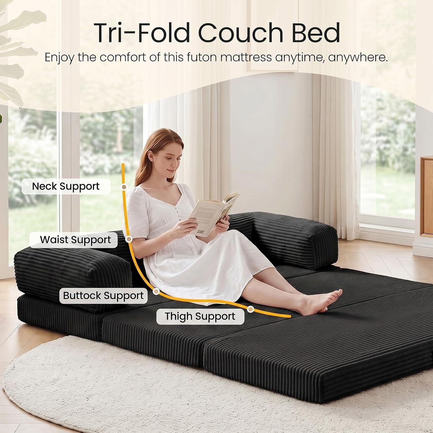 Woman seated on the unfolded tri-fold mattress demonstrating ergonomic support for neck, waist, and thighs