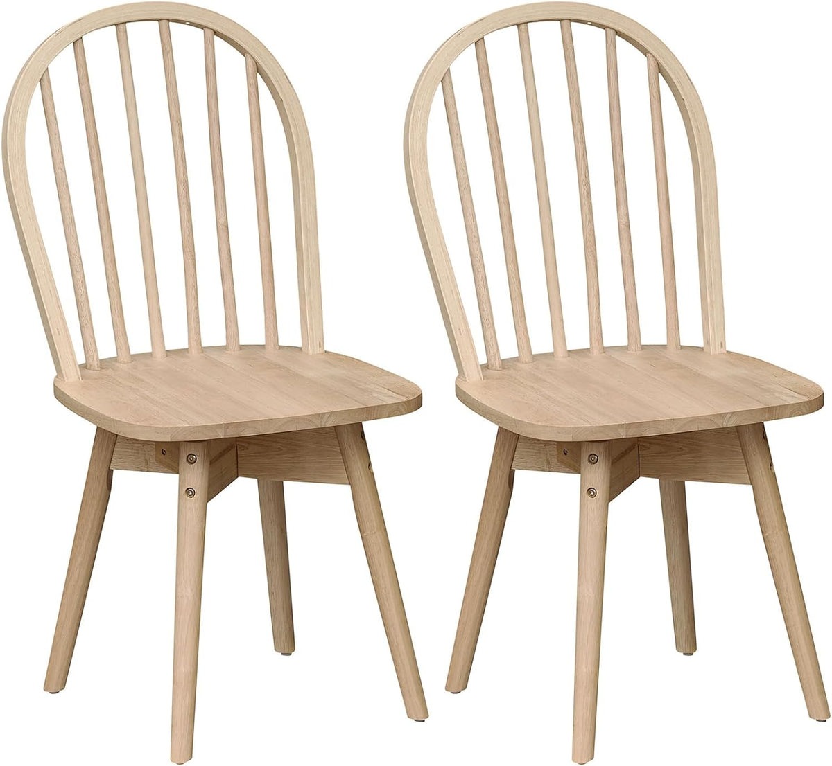 Tight crop of two natural‑finish spindle‑back chairs showing arched backs and rounded seat edges