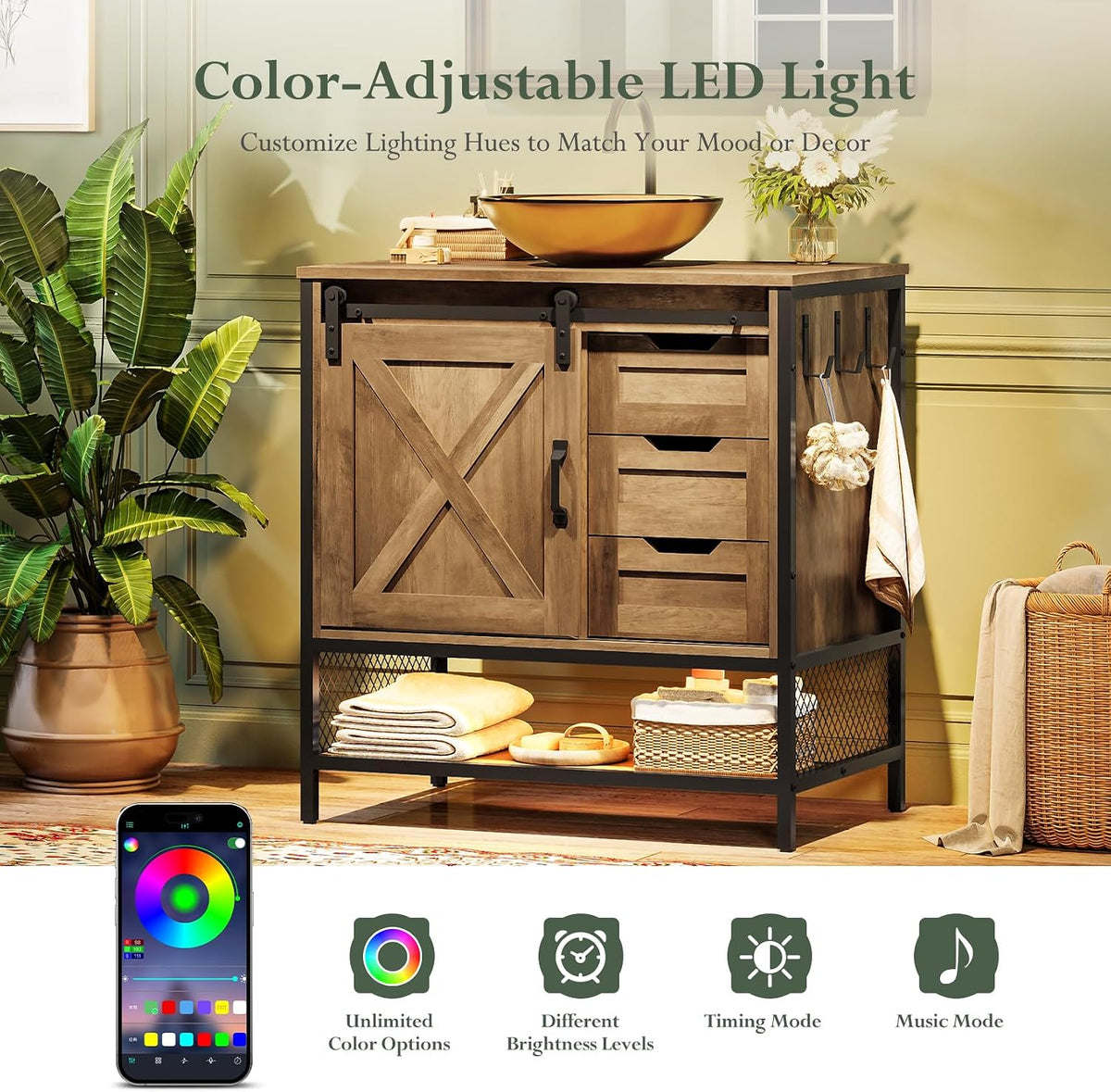 Full vanity with color-adjustable LED lighting illustrated alongside a smartphone app color wheel display