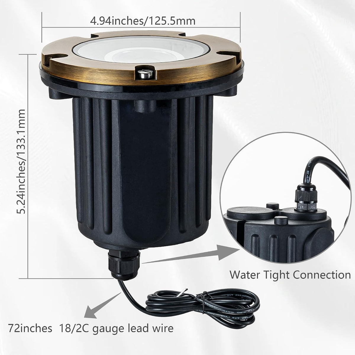 Side view of in-ground well light showing ribbed black housing, 72-inch lead wire and marked diameter/height callouts