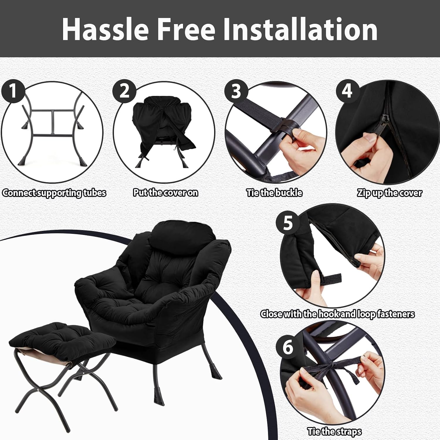 Collage of six numbered installation step photos and a small chair-and-ottoman render.