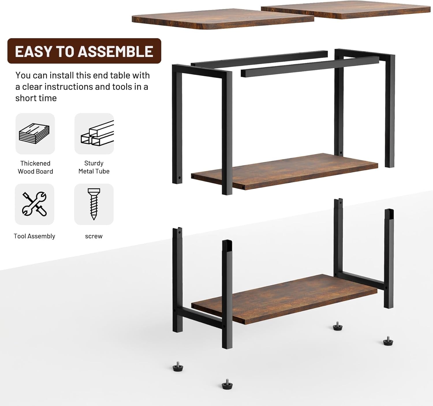 Exploded assembly graphic showing two wood shelves and black metal frame pieces with adjustable feet
