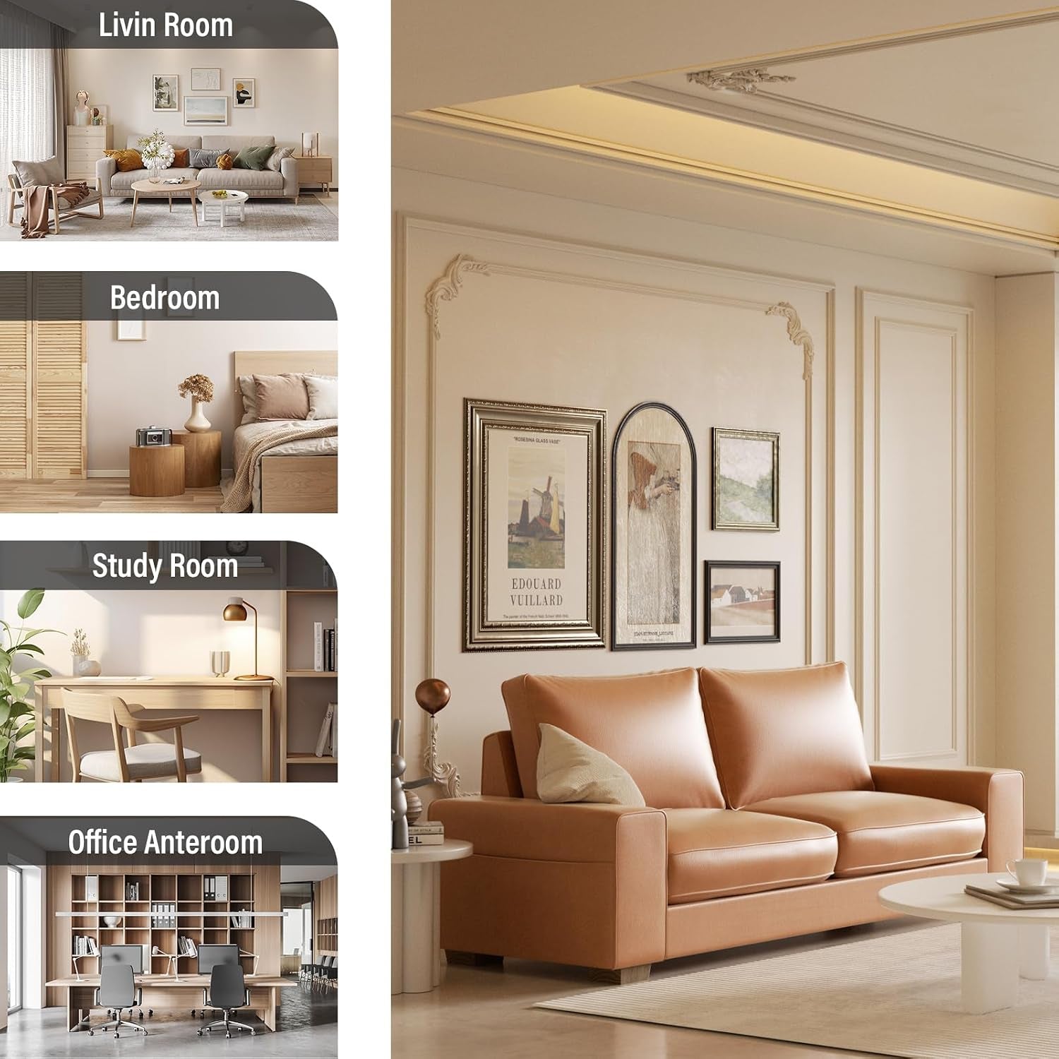 Vertical collage of suggested rooms at left and a caramel loveseat staged in an ornate living room at right
