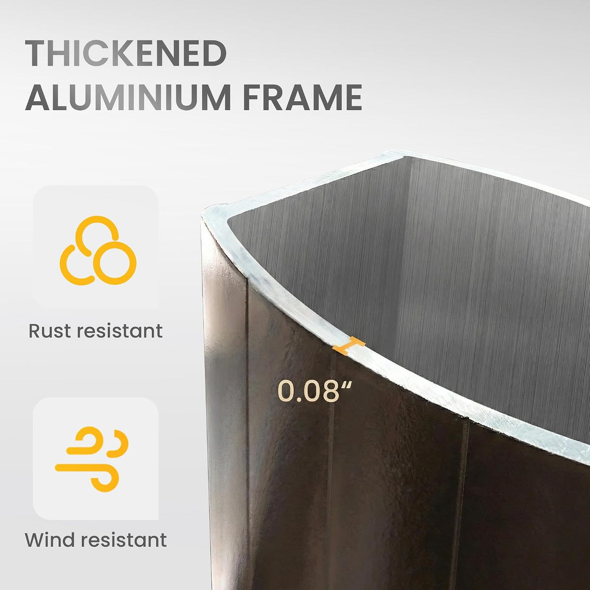 Close-up of a thick aluminum umbrella pole cross-section showing brushed interior and dark exterior coating