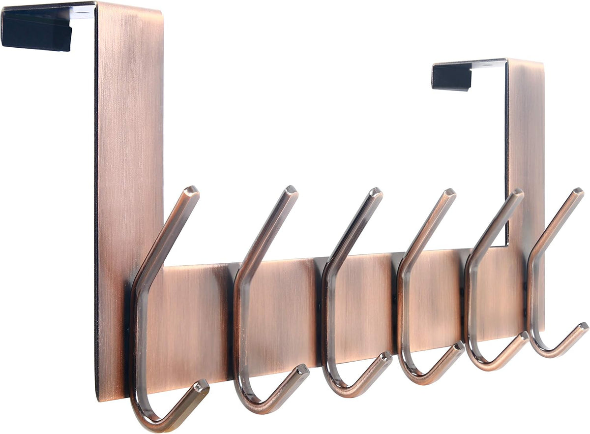 Angled side view of a six-hook over-the-door rack in brushed bronze on white background