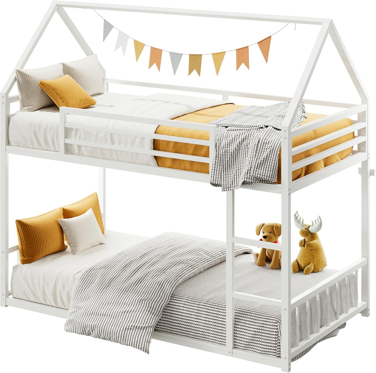 Isolated studio view of the white house‑frame bunk bed showing both levels, ladder and slatted guardrails against a white