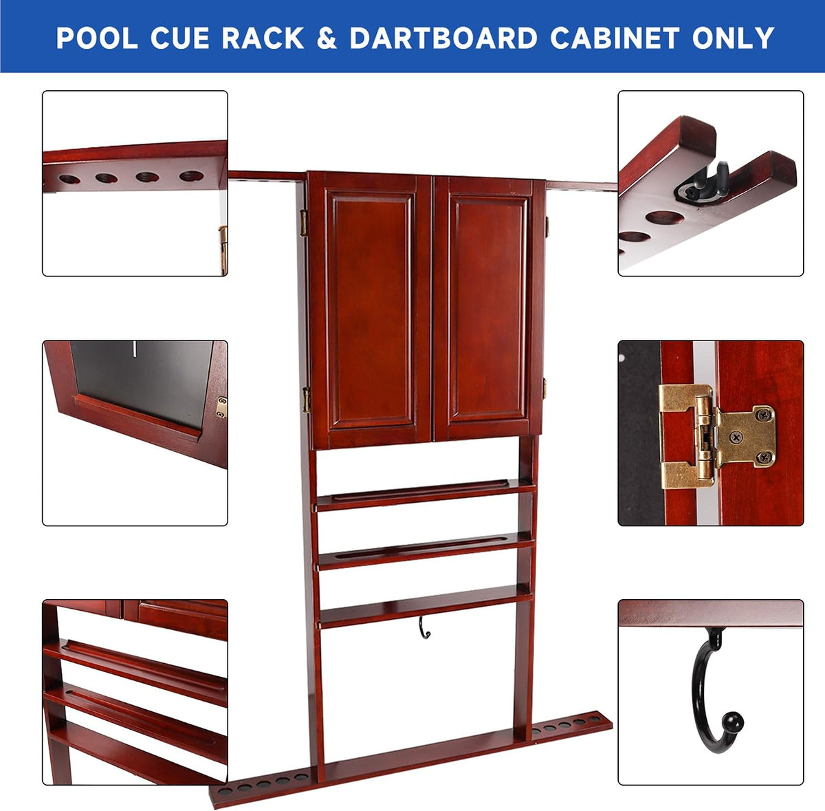 Tall cherry rack with closed cabinet doors and inset close-ups of hinges, cue slots and base holes.