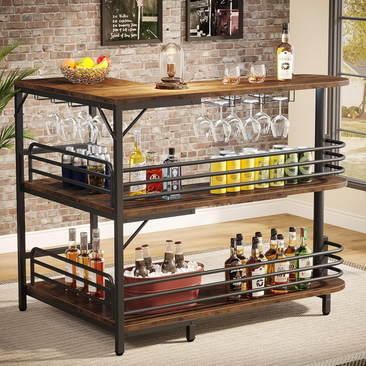 Side view of brown corner bar showing two open shelves stocked with bottles and horizontal metal safety rails