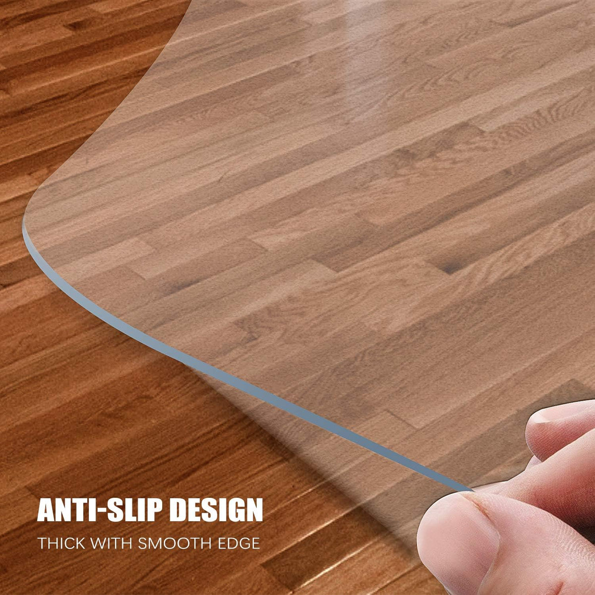 Close-up of the mat's rounded smooth edge being lifted between fingers to show thickness and transparency