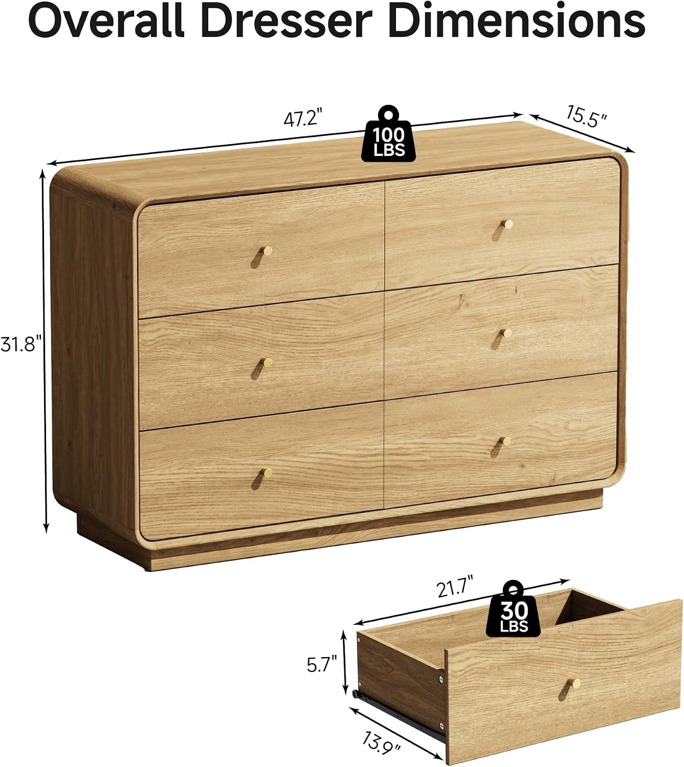 Six-drawer dresser with dimensions callouts showing 47.2" width and 31.8" height with an open drawer displayed