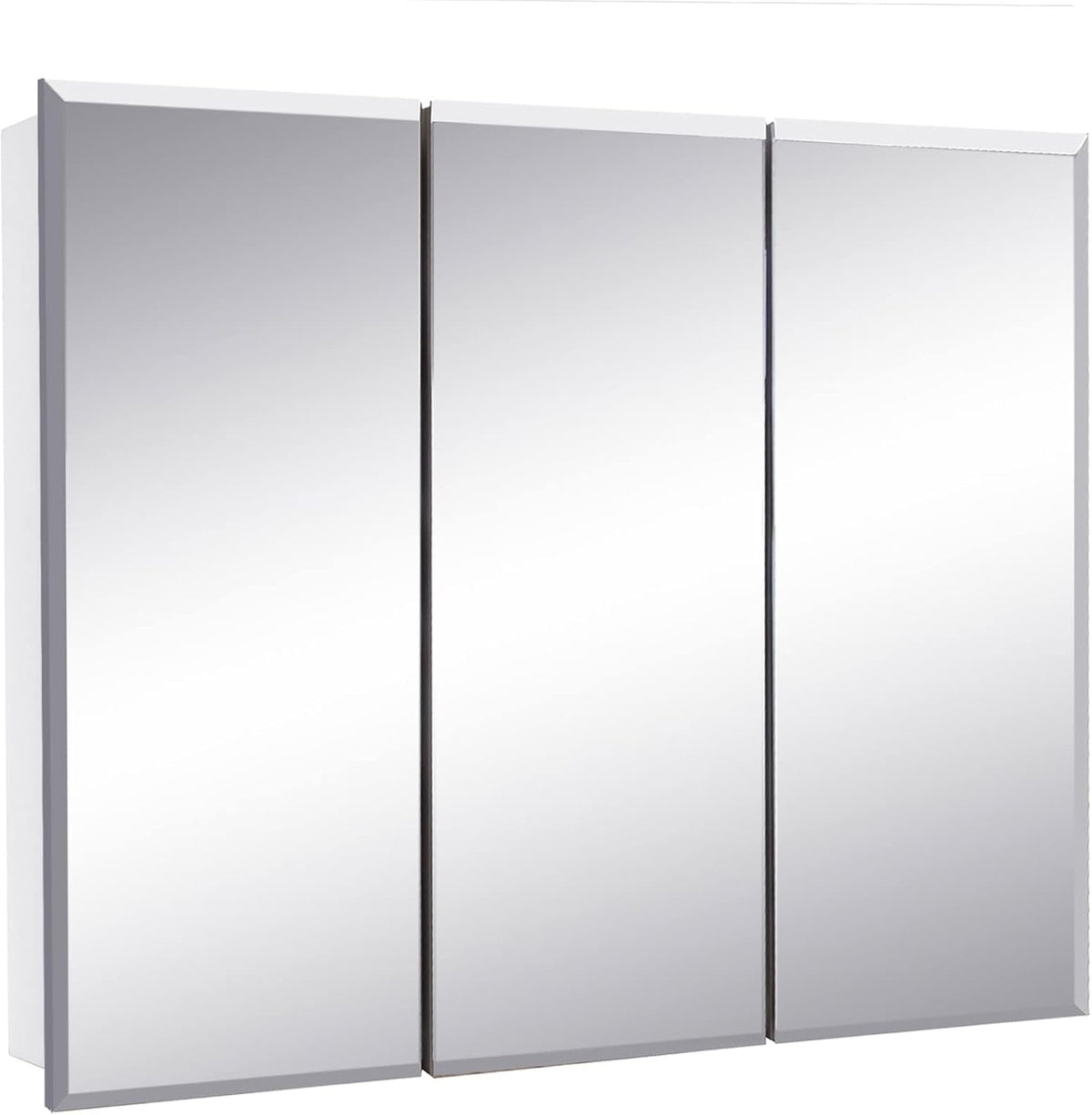 Three-door mirrored medicine cabinet front-left angled view with white sides.