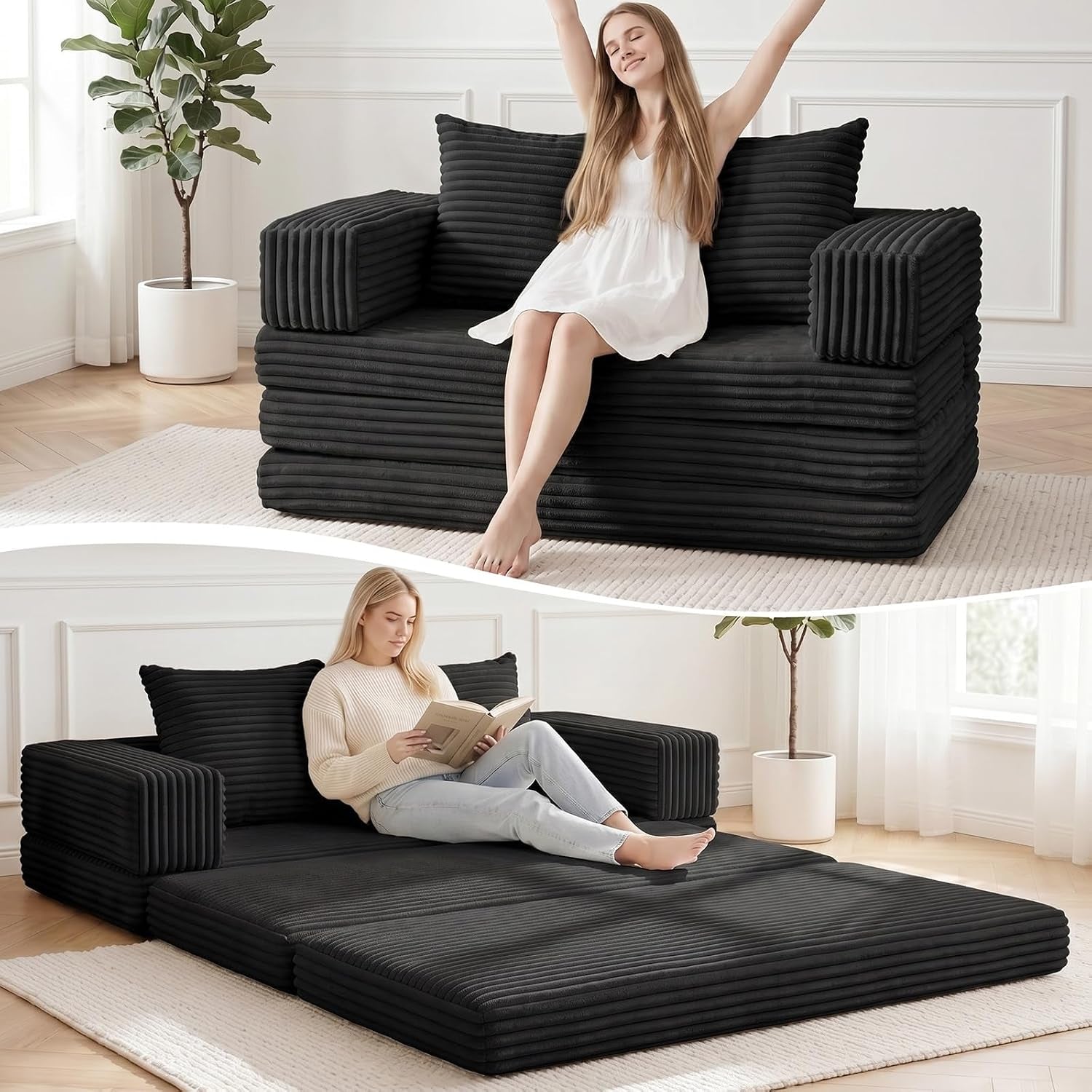 Stacked boneless loveseat in dark gray with removable arm blocks and a woman seated on top