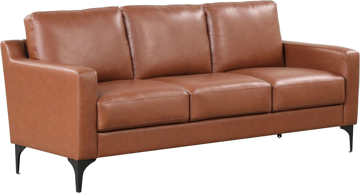 Brown faux-leather sofa three-quarter studio view highlighting cushion seams and black tapered legs