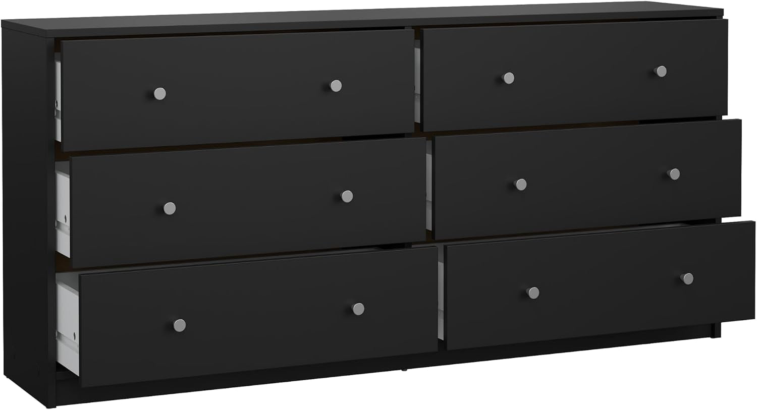 Angled front view of a black six-drawer dresser with several drawers partially open showing white interiors