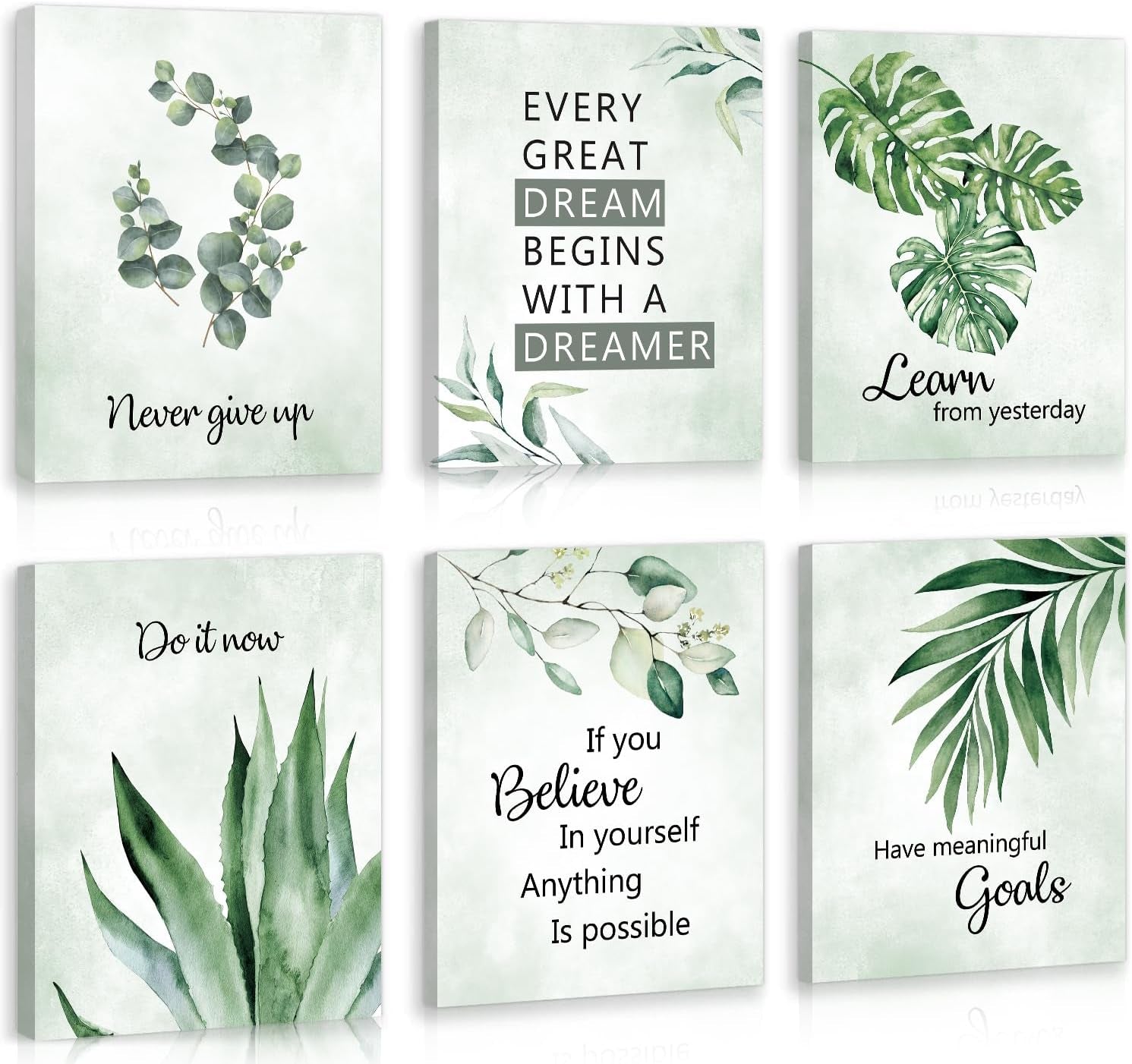 Another view of six pale-green botanical prints showing different leaf arrangements and uplifting short messages.