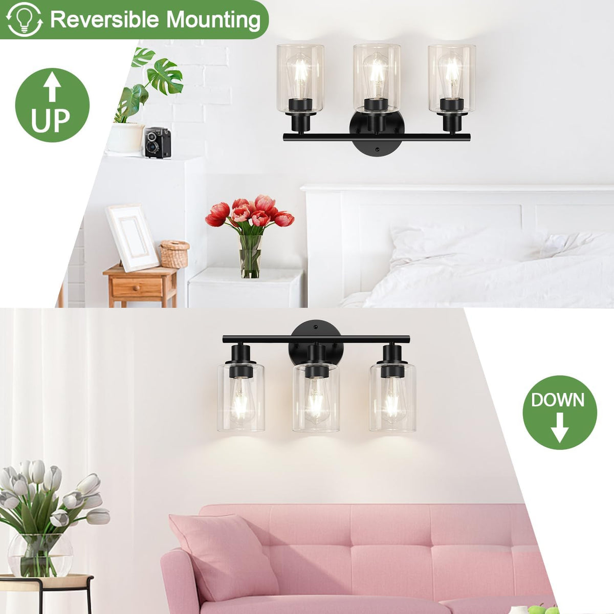 Two views showing reversible mounting: lights installed with shades pointing up and with shades pointing down