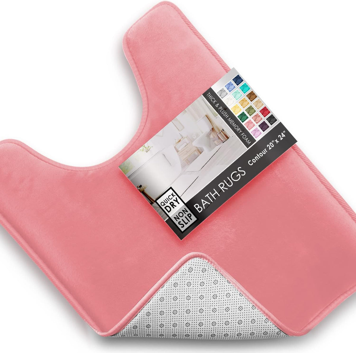 Pink U-shaped contour bath mat shown flat with one corner lifted to reveal the dotted non-slip underside and a packaging