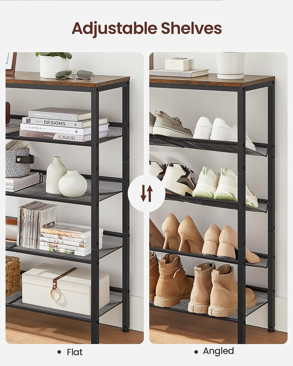 Two-panel view showing the same rack with shelves set flat on the left and angled on the right to illustrate adjustable shelf