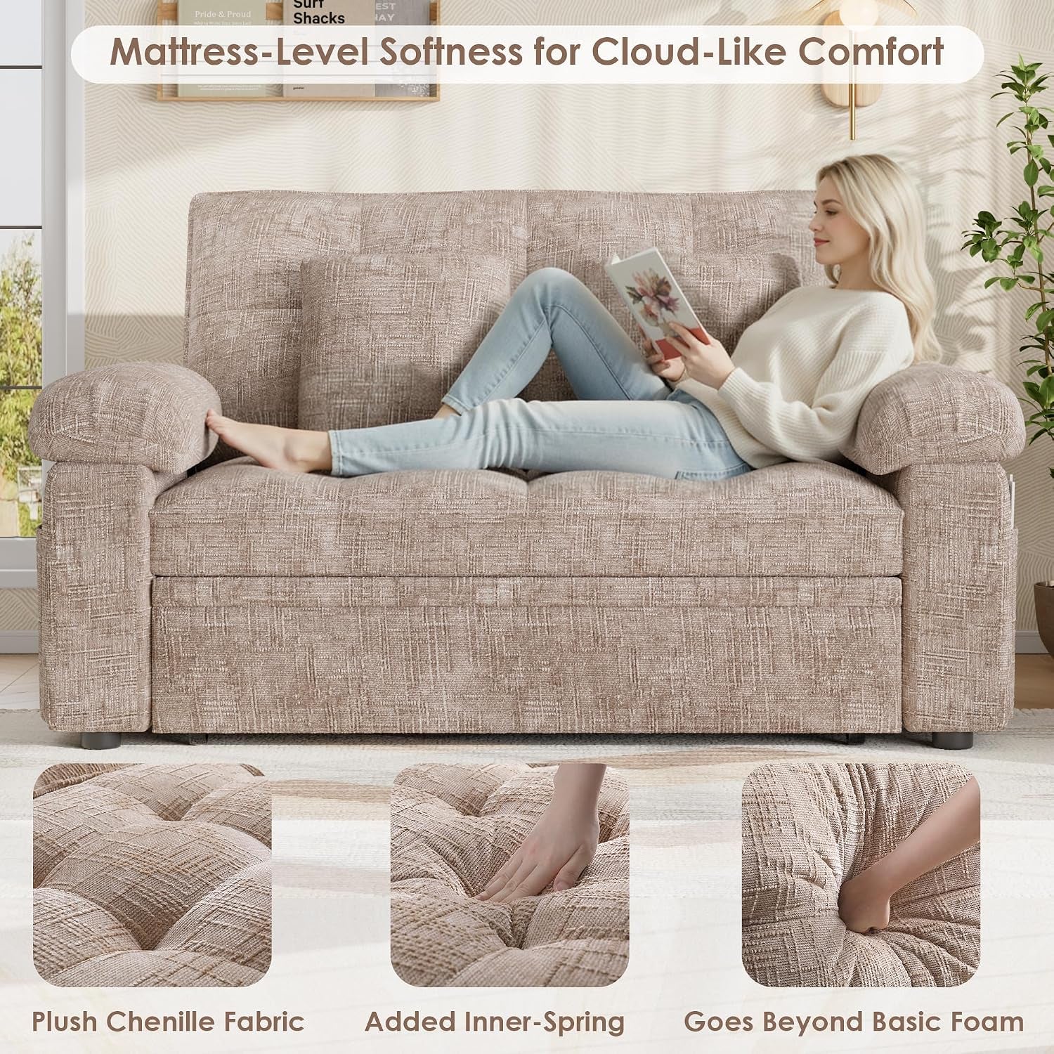 Front view of khaki chenille loveseat with model reclining to show mattress-level softness and tufted surface