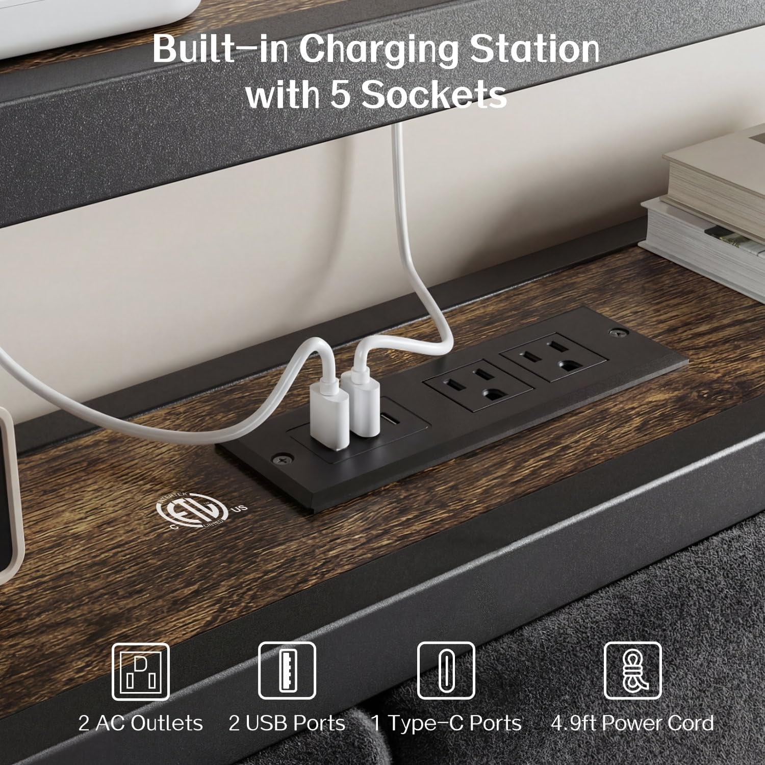 Detail of built-in charging station showing two AC outlets, two USB ports and one Type-C port on headboard shelf