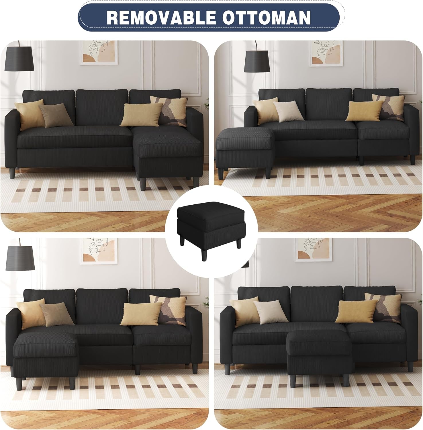 L Shaped Sectional Sofa Couch,Convertible Modular Sofas with Movable Ottoman,3-Seat Upholstered Corduroy Couch,Small Couches for Living Room,Apartment,Office(Black)