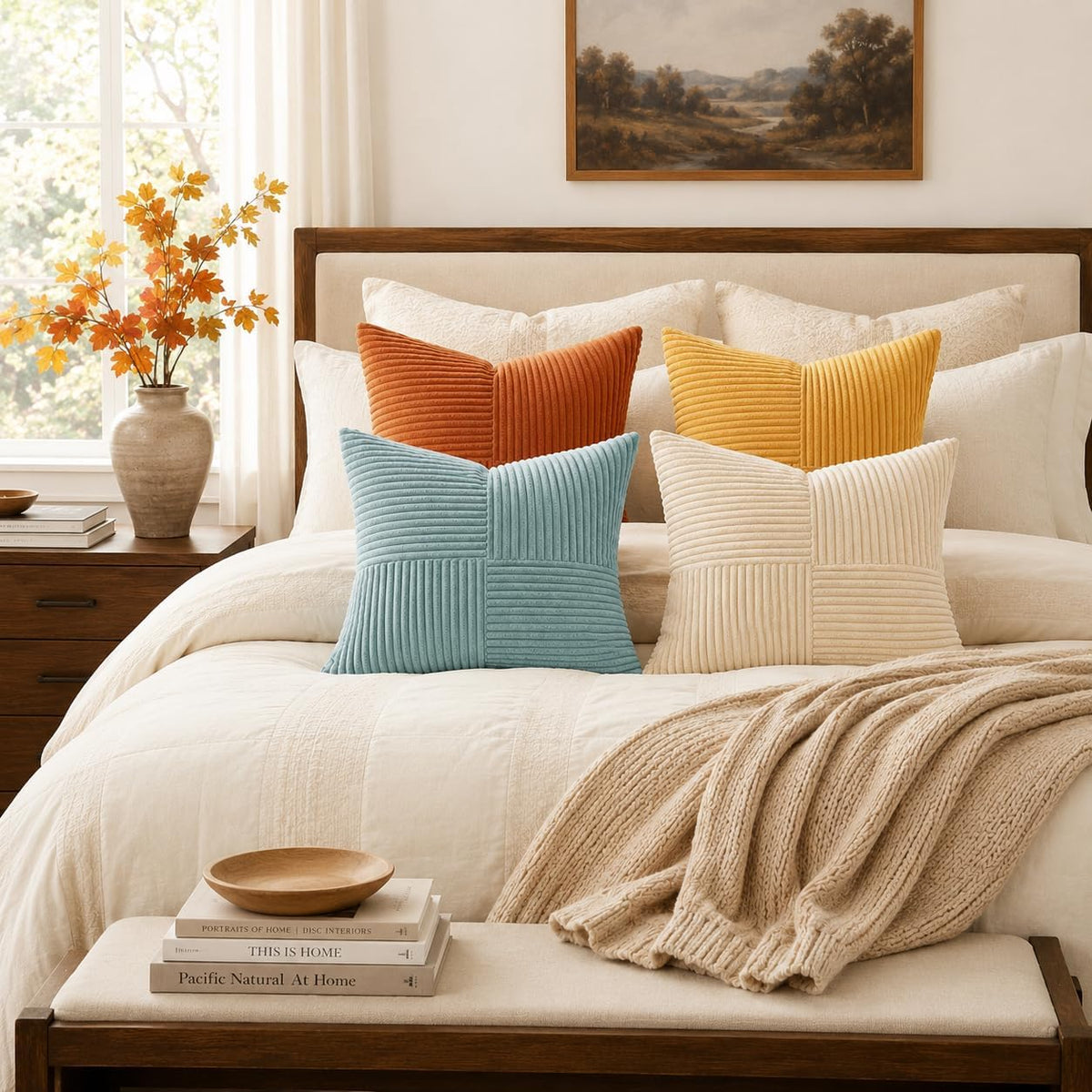 Four pillows in rust orange, mustard, teal and cream arranged on a neutral bed with a knit throw.
